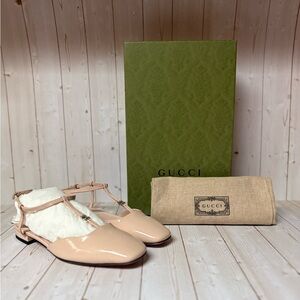 Gucci Vernice Crystal Patent Leather Double G Ballet Flat SkinRose Sz 36.5 / 6.5